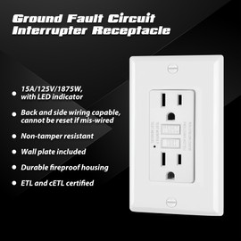 ELECTECK 10 Pack GFCI Outlets 15 Amp, Non-Tamper Resistant, Decor GFI Receptacles with LED Indicator, Ground Fault Circuit Interrupter, Wallplate Included, ETL Listed, White