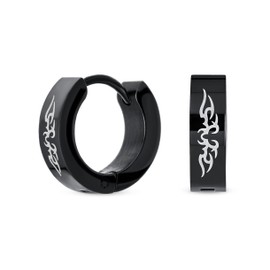 Biker Jewellery Small Laser Etched Cross Dragon Light Bolt Stars Eagle Skull Lizard Greek Key Hoop Kpop Huggie Earring Black IP Silver Gold Tone Plated Stainless Steel .50 Inches Diameter, Stainless