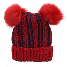 JFH Women’s Winter Cable Knitted Faux Fur Double Pom Pom Beanie Hat w/Sequins (Red)