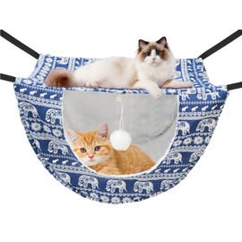 JSPYFITS Cat Cage Hammock with Ball,Double Layer Hanging Adjustable Soft Pet Bed Suit for Kitten Ferret Puppy Rabbit or Small Pet, 2 Level Indoor Bed for All Season(Blue Elephant)