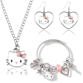Ainvliya Jewelry Set for Women Girls, 3PCS Adjustable Cat Style Bracelet Pendant Necklace Stud Earrings Cute Pink Friendship Bracelet Anime Cartoon Matching Jewelry for Teenage Girls Ladies Gifts