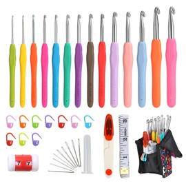 YOJOB - Juego de ganchos de ganchillo de 14 tamaños, 2,25 mm - 10 mm, juego de ganchos de ganchillo ergonómicos para artritis y principiantes, con funda de ganchillo y accesorios