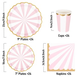 PARTY GO Party Tableware Set, 96 Pieces Theme Party Tableware, Party Tableware Set, Pink and White Striped Circus Theme Birthday Tableware, Circus Party Accessories (24 Guests)