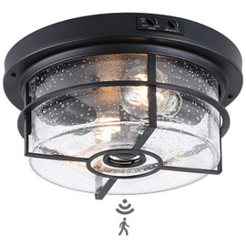 CALOKES Motion Sensor Outdoor Flush Mount Ceiling Light - Sleek Round Exterior with Seeded Clear Glass - Perfect for Front Porch, Garage, Entryway