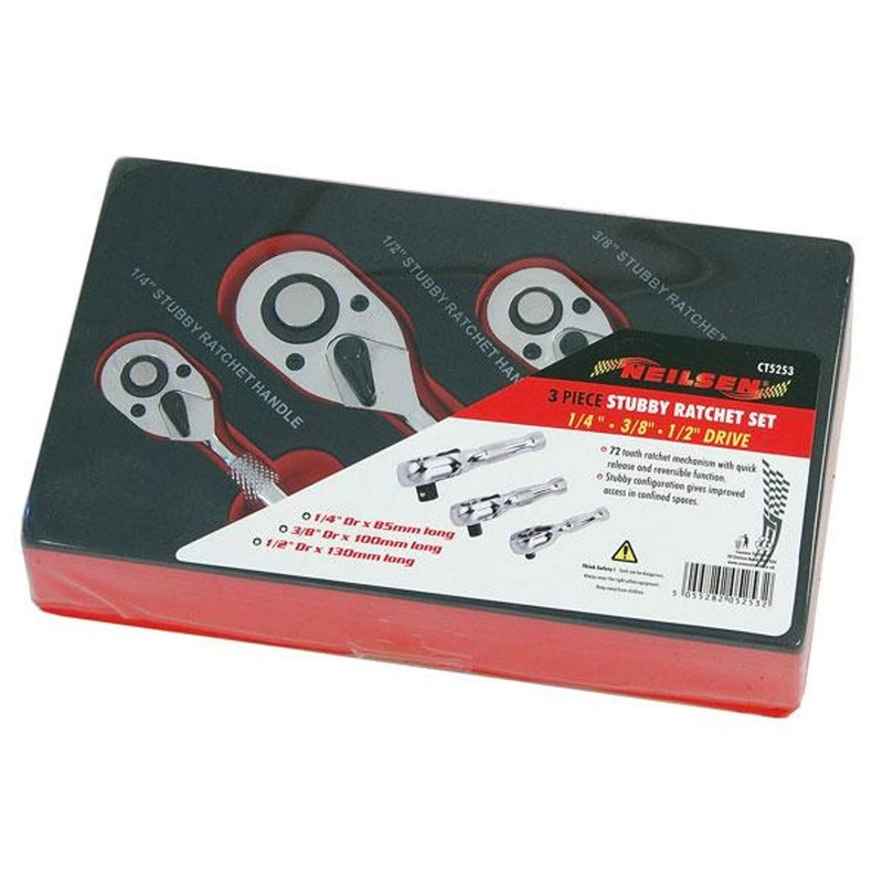 3pc Stubby Ratchet Set 1/4", 3/8" & 1/2"