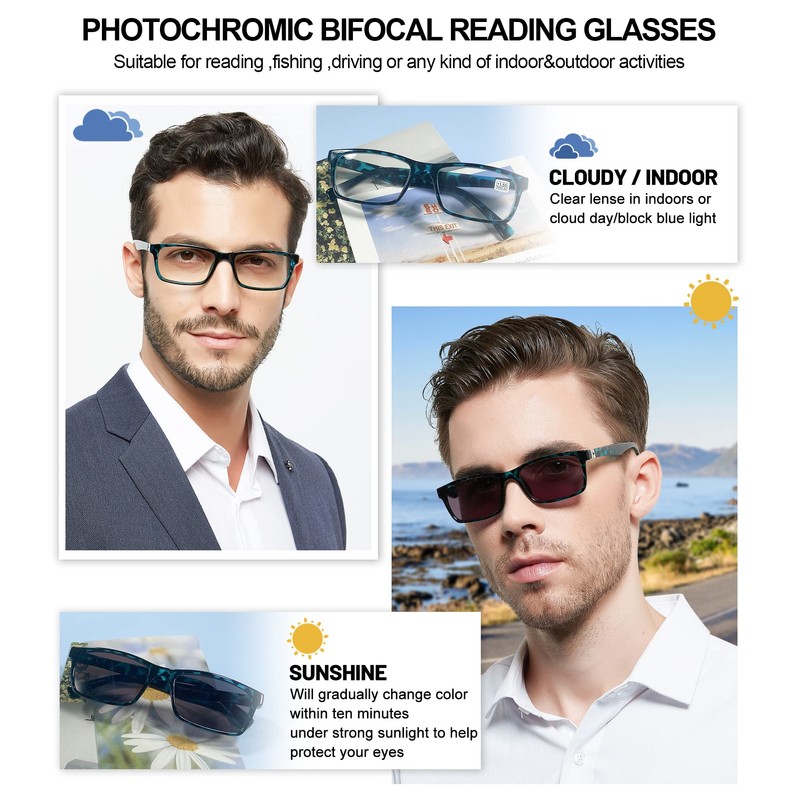 OCCI CHIARI Photochromic Bifocal Reading Glasses Mens,Transition Square UV Protection