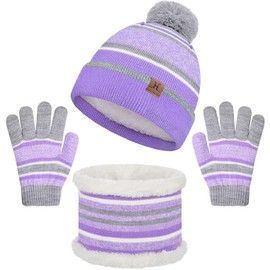 UMIPUBO Kids Warm Beanie Hat Scarf Gloves Set 3 in 1 Thermal Knit Hat Scarf Gloves Set Winter Accessories Sets Snood Scarf Gloves Set with Double Layer Fleece Lining Boys Girls(Violet, One size)