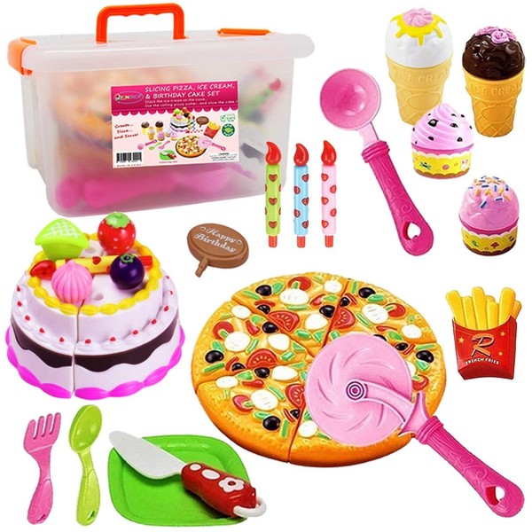 FUNERICA Pretend Cutting Play Food Kids Toy Set with Cutting Pizza, Ice Cream, Fries, Dessert, Storage Box & Toy Birthday Cake for Boys & Girls Party Celebrations, for Toddlers Learning