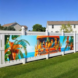 BlissYard Summer Banner Large Size Outdoor Indoor Fence Decorations 118 x 20 inch Red Truck Hawaiian Theme Summer Party Decorations Supplies Seasonal Party Banner