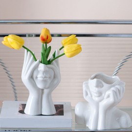 Joynisy White Ceramic Face Vase Set of 2, Female Form Modern Vases Head Half Bust Vase for Flowers, Decorative Vases Centerpieces for Table Home Office Decor