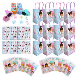 TINYMILLS Rainbow Little Mermaid Birthday Party Favor Set of 108 pcs (12 Large Party Favor Bags with Handles, 24 Stampers, 12 Sticker Sheets, 12 Coloring Books, 48 Crayons)