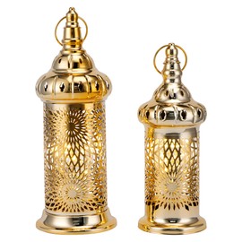 TRIROCKS Ramadan Lanterns Set of 2 10" &12.5" Gold Electric Candle Holders with Timer, Metal Decorative Vintage Lanterns for Indoor/Outdoor Decor, Perfect EID Mubarak Gift