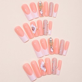 24 Pcs Pink Press on Nails Long Square - YEFIUO Cute Fake Nails Press ons French Nail Tip Full Cover False Nails with 5D Flower Nail Charms Designs Glue on Nails Kit Acrylic Set Nail Art DIY for Women