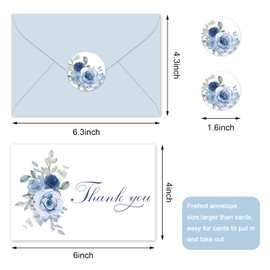 JarThenaAMCS 50 Pack Dusty Blue Floral Thank You Cards Watercolor Blue Roses Greeting Cards With Envelopes Stickers Blank Note Cards for Birthday Wedding