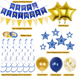 Navy Blue Gold Birthday Decorations, Happy Birthday Banner and Gold Star Balloons, Glitter Hanging Stars with Hanging Swirls, Birthday Bunting Banner, for Women Men Boys Birthday Party Decoration