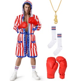 SOOFILM Mens American Flag Boxing Costume 6PCS Outfits Boxing Robe Shorts Belt Stockings Necklace and Boxing Gloves Stain