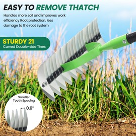 63” Thatch Rake Dethatcher Rakes for Lawns, Heavy Duty 21 Curved Double-Side Sharp Steel Tines Yard Garden Rake with Adjustable Handle for Dead Grass, Leaves, Loosening Soil