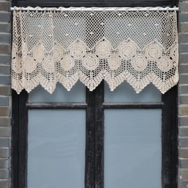 SouthMage Hand Crochet Lace Kitchen Cafe Window Curtain Valance French Country Farmhouse Tier (60" W x 17" L, Beige)