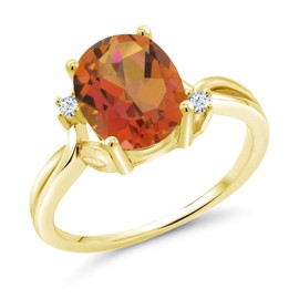 18K Yellow Gold Plated Silver Twilight Orange Mystic Quartz and White Created Sapphire 3 Stone Ring For Women (2.73 Cttw, Oval 10X8MM, Gemstone Birthstone, Available In Size 5, 6, 7, 8, 9)