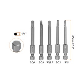 sourcing map 5Pcs Square Head Screwdriver Bits SQ1, SQ2, SQ2.7, SQ3, SQ4 Magnetic 1/4 Inch Hex Shank 65mm Long for Power Screwdriver Drill Impact Driver