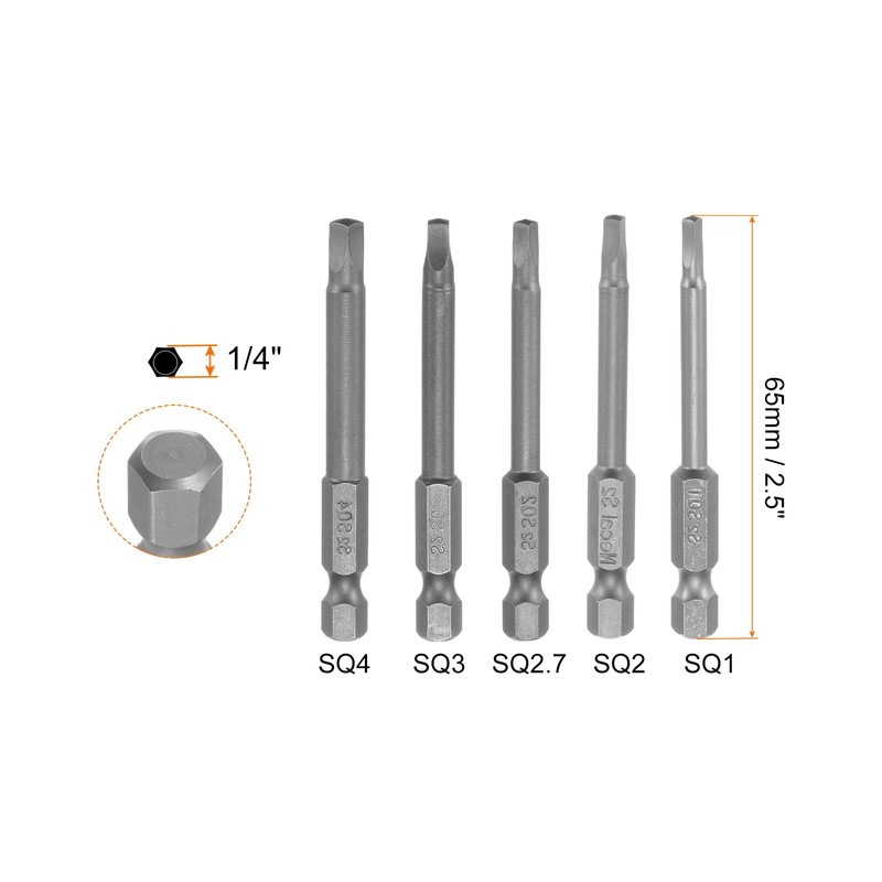 sourcing map 5Pcs Square Head Screwdriver Bits SQ1, SQ2, SQ2.7,