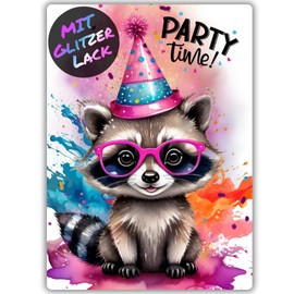 celebr8te 12 x Party Racoon Raccoon Glitter Invitation Cards – Teenager Children's Birthday Boys & Girls – Cool Animal Birthday Invitations Including Messenger Picture & Holiday Voucher