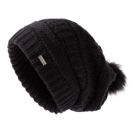 TOP-EX 100% Merino Wool Hat for Women - Warm Winter Knitted Hat with Chic Bobble Satin Lining or Fleece Lined, Black_Fleece Lining