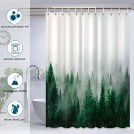 Ohok Bathroom Shower Curtain 180 x 180 cm, Waterproof Forest Shower Curtains with 12 Hooks, Bathroom Decoration, Bath Curtain, Durable Polyester Bath Curtain (Green)