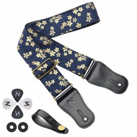Nefelibata Japanese Cotton Guitar Strap for Acoustic Guitar, Ukulele, Free Headstock Strap Adapter, Guitar Picks and Strap Locks(Sakura Indigo)