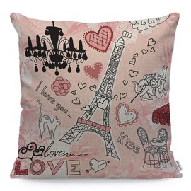 WONDERTIFY Eiffel Tower Cushion Cover Love Paris Romantic Hearts Decorative Throw Pillow Covers For Couch, Bed Sofa Pillows Case Pink 45X45 Cm