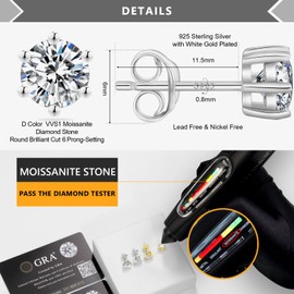 KRKC&CO Moissanite Stud Earrings for Women, 0.5CT White Gold Plated Solitaire Diamond Earrings, D-Color VVS1 Round Cut, Hypoallergenic Silver Earrings for Woman