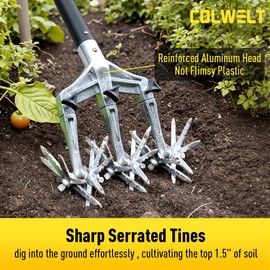 Colwelt Rotary Cultivator Garden Tool 61’’, Hand Tiller Garden Tool with Detachable Aluminum Tines, Cultivators for Gardening Soil or Reseeding Grass, Manual Cultivators & Tillers for Flowers Beds
