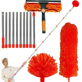 20+ Feet High Reach Dusting Kit with 3-14 ft Extension Pole //2 in 1 Window Cleaning Kit // High Ceiling Duster // Cobweb Microfiber Duster // Outdoor & Indoor Extendable Duster Cleaning Kit