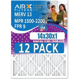 14x30x1 Air Filter MERV 13 Rating, 12 Pack of Furnace Filters Comparable to MPR 1500-2200 & FPR 9 - Made in USA by AIRX FILTERS WICKED CLEAN AIR.