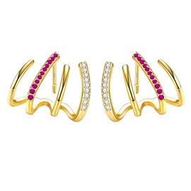 18K Gold Claw Earrings for Women Girls, Red 4 Prong Wrap Earrings for Girls, Sterling Silver Hypoallergenic Earrings, Red 4 Claw Earrings with Cubic Zirconia Gold Stud Cuff Earrings for Women
