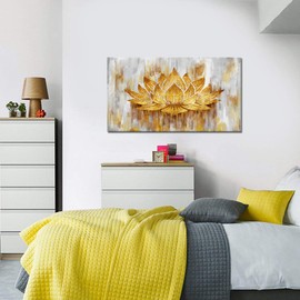 sechars Gold Lotus Flower Wall Art Abstract Golden Floral Painting Canvas Prints Zen Artwork for Home Office Living Room Decor Gallery Wrapp Ready to Hang 20x36inch