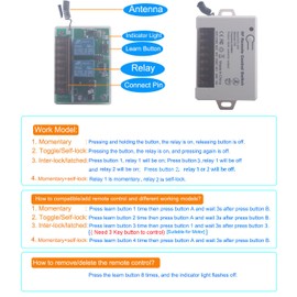 6V 12V 24V 2 Channels Wireless Relay Remote Control Switch, RF 433Mhz DC 5V-30V Garage Door Opener Wireless Switch with receiver 2 Transmitters, Easy to Terminal Wiring (2CH 2* Controller 433Mhz)