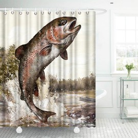 OuElegent Fish Shower Curtain Trout Fish Jumping Bathroom Curtain Lake Scene Bathroom Decor, Fishing Theme with 12 pcs Hooks 72''L x 72''W