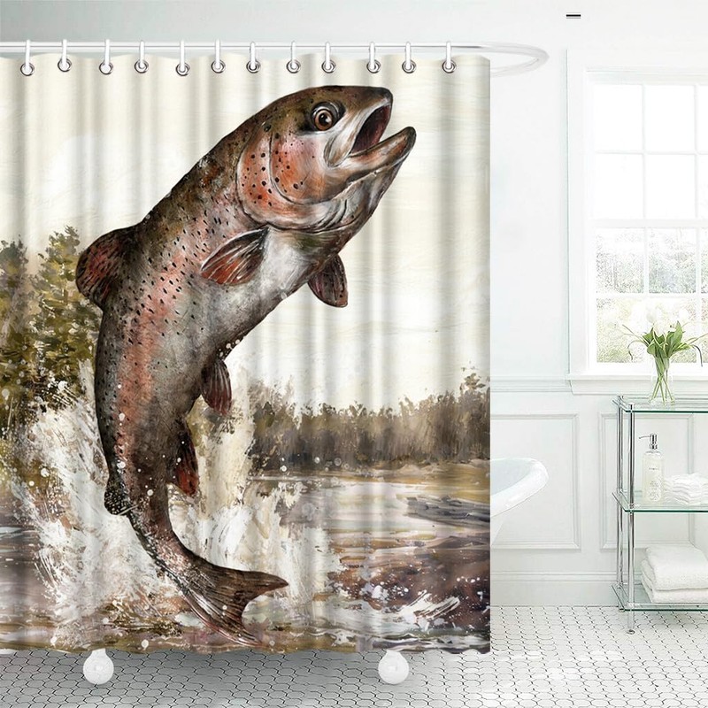 OuElegent Fish Shower Curtain Trout Fish Jumping Bathroom Curtain Lake