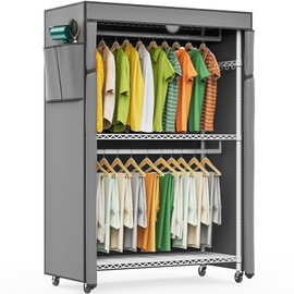 LEHOM G1C Heavy Duty Clothes Rack with Cover, Rolling Garment Rack for Hanging Clothes, Portable Closets with Oxford Fabric Cover, Freestanding Clothing Rack on Wheels, Storage Wardrobe for Bedroom