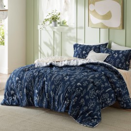 Bedsure Queen Comforter Set - Navy Bed Set, 3 Pieces Cute Floral Bedding, 1 Soft Reversible Botanical Flowers Comforter and 2 Pillow Shams