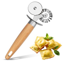 Pasta Cutter Wheel - Fluted Pastry Cutter Double Wheel Ravioli Cutter Tool with Wooden Handle for Pasta Pizza Ravioli Cookie