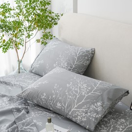 Spirit Linen home Twin Sheets Sets - Pure Microfiber 3 Piece Polyester Bed Sheets, Fitted Sheet & Pillow Cases - Twin Sheets for All Seasons (Foliage Grey/White, Twin/Twin XL)