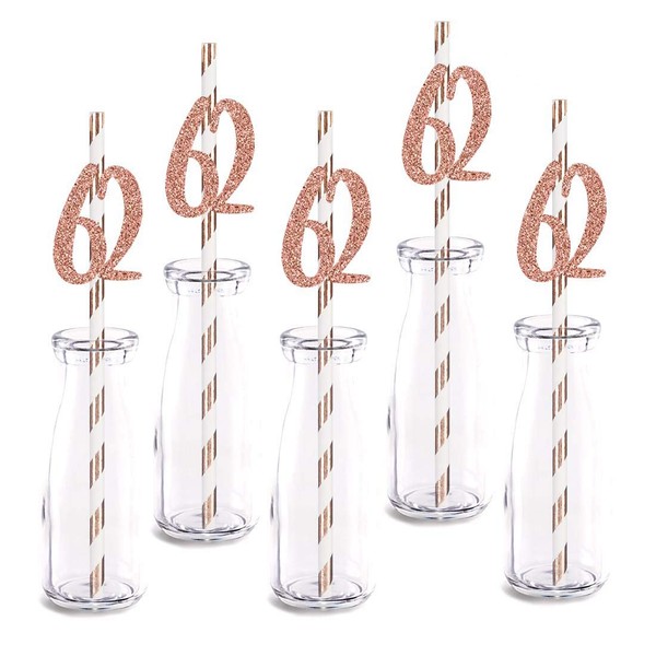 Rose Happy 62nd Birthday Straw Decor, Rose Gold Glitter 24pcs Cut-Out Number 62 Party Drinking Decorative Straws, Supplies