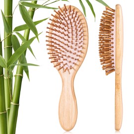 Bamboo Hair Brush for Hair Growth, Round Natural Bamboo Bristles Hairbrush for Massaging Scalp, Ergonomic Handle Wooden Hair Brushes for Women Men All Hair Types