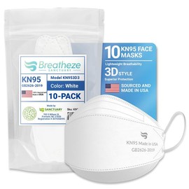 Breatheze KN95 Face Mask Made in USA Disposable Masks Breathable Face Mask Kn95 Mask White Facemask High-Filtration Protective Barrier Face Covering Elastic Ear Loops Adjustable Nose Clip 10 pack.