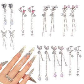 NICENEEDED 16 Pcs 3D Dangle Nail Charms, Butterfly Heart Bow Moon Art Charms Luxury Gold Nail Diamonds, Alloy Jewelry for Crafts DIY Nail Art Tip