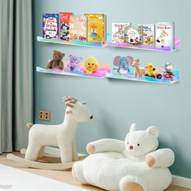 6 Pack Iridescent Acrylic Floating Shelves, 15.7" Clear Acrylic Display Shelves Bookshelf Wall Mounted, Bathroom Kids Room Home Storage Wall Decor Ledge Shelf for Skincare, Perfume, Nail Polish