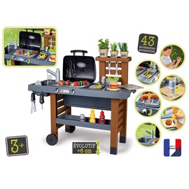 Smoby Garden Kitchen - Outdoor 43 Accessory Play Set, Kids Ages 3+, Grill w/Retractable Magic Flames, Fryer & Sink w/Water Pump Function, Pretend Play