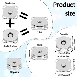 20 Sets Magnetic Snaps, 15mm/0.59in Silver Magnetic Buttons Plum Magnetic Closures for Purses Sewing on Button Clasps Snaps for Clothes Handbag DIY Craft